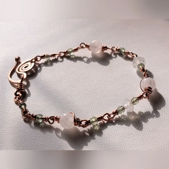 Moonstone Copper Chain Bracelet Rare Green Apatite Gems Dainty Artisan Crafted - Picture 9 of 16